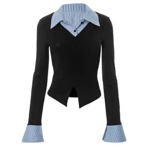 Turn-down Collar Long Sleeve Top Fake Two Pieces Patchwork Striped Shirts Preppy Style Fall Clothes 2024 Women P85CF18